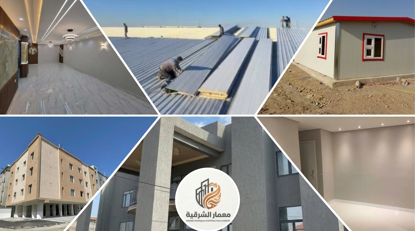 كولاج صور مقاولات ديكورات وبناء وترميم ودهانات وساندوتش بانل 